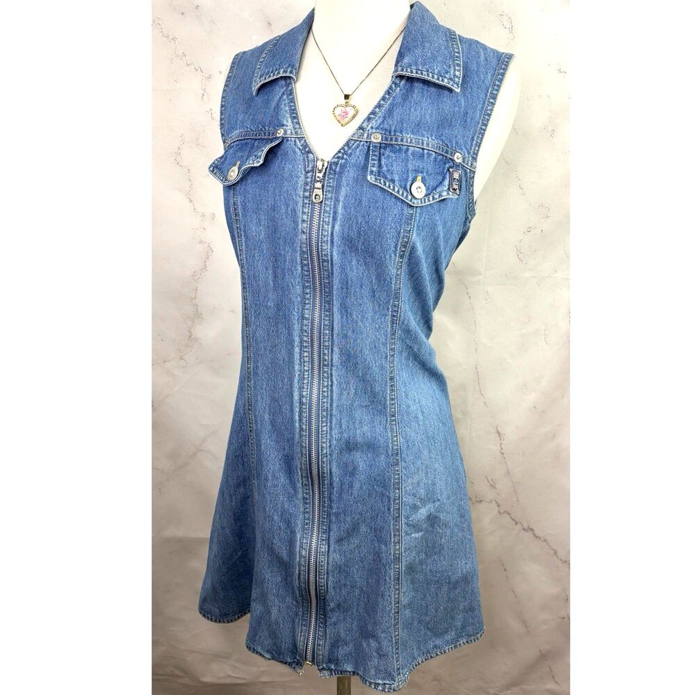 Vintage 90s Grunge Zip up Denim Mini Dress wing Collar y2k Indie Sleaze S Retro